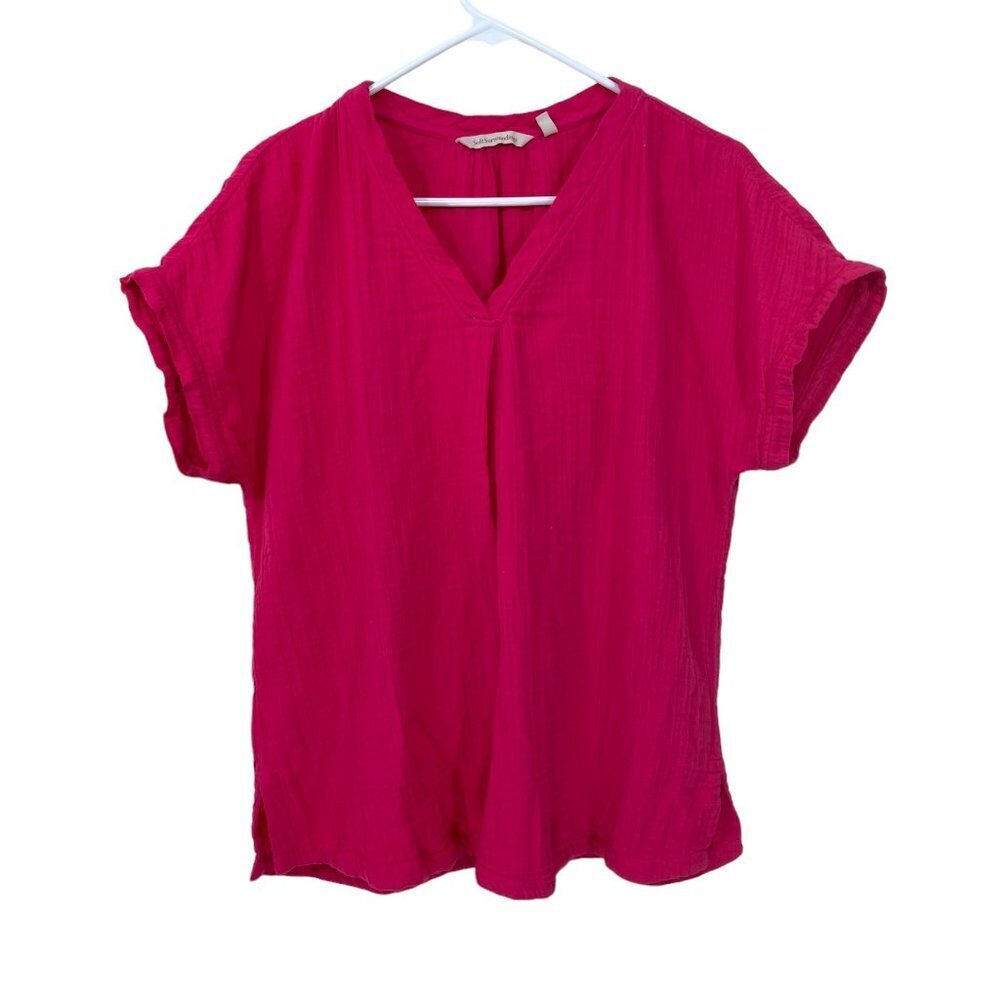 SOFT SURROUNDINGS Size L Red V -Neck Short Sleeve Cotton Casual Top